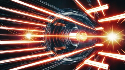 Poster - Dynamic horizontal light highlights with vibrant laser beams and radiant flashes creating glowing stripes on a clear backdrop