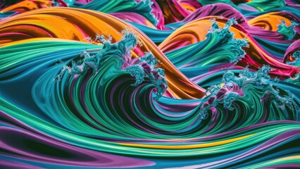 Poster - Vibrant Liquid Waves in Rainbow Colors  3D Illustration and Rendering of Fractal Patterns