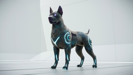 Poster - 3D illustration of a cybernetic dog standing against a white background