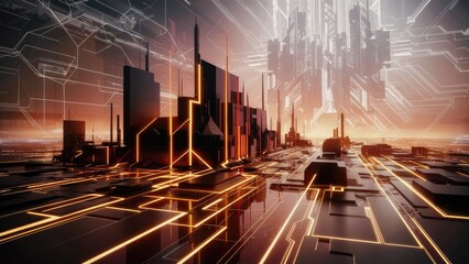 Poster - Abstract 3D Digital Cityscape with Cyber Network Background Illustration