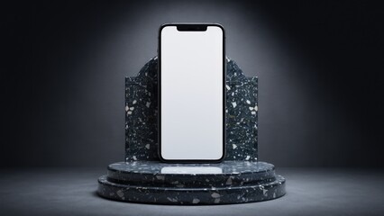 Poster - 3D Render of a smartphone displayed on a terrazzo podium with a blank screen against a dark gradient background ideal for mockup presentations