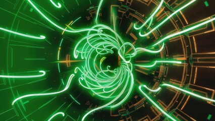 Poster - Vibrant Green Gradient Neon Abstract Energy Rays with Looping Technology Background