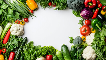 Wall Mural - Food frame with assortment of fresh organic vegetables for balanced diet isolated on white background. Healthy food nutrition concept