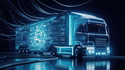 Poster - Data processing concept over a digital truck on a dark background Global transportation and computing interface visualization