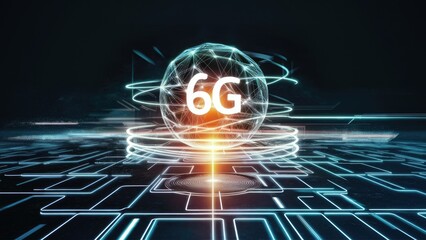 Aufkleber - Data Processing Concept with 6G Technology Over Light Trails on Black Background  Symbolizing Global Communication and Digital Interface