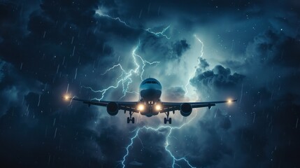 Canvas Print - A plane is flying through a stormy sky with lightning bolts