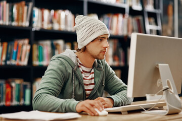 Aufkleber - Man, computer and study in college library for programming course, project and information technology. Classroom, student and learning in university for education, app development and online exam