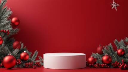 Wall Mural - A festive holiday display featuring a white podium surrounded by vibrant red ornaments and evergreen branches