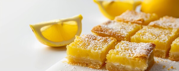 Wall Mural - Freshly baked lemon bars on white background, 4K hyperrealistic photo