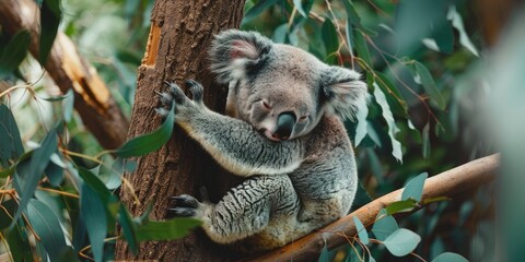 Wall Mural - Adorable fluffy koala relaxing on an evergreen tree branch in the zoo