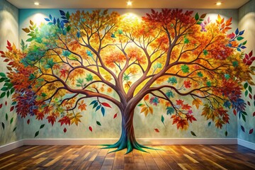 Poster - Vibrant elegant colorful tree with hanging branches and leaves in bright abstraction, perfect 3D background for interior mural painting or wallpaper decoration.
