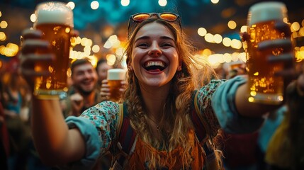 Wall Mural - Germany holiday beer Oktoberfest festival. Beautiful blonde european woman dressed in traditional bavarian clothes holding a few large mugs of beer