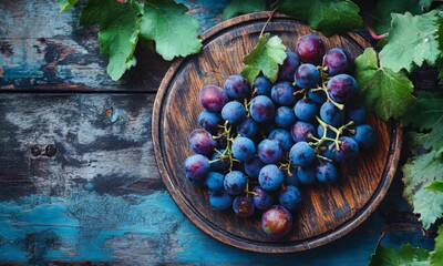 Wall Mural - Fresh, vibrant grapes on rustic wooden platter with leafy vines