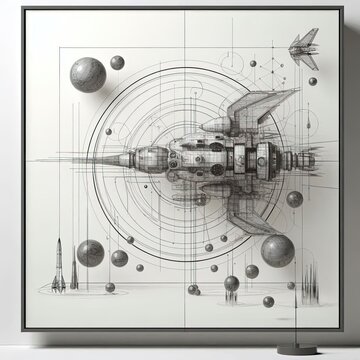 minimal modern and avant garde space craft sketches on a white background, 16:9. 3D Rendering. AI generated