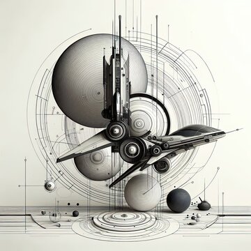 minimal modern and avant garde space craft sketches on a white background, 16:9. 3D Rendering. AI generated