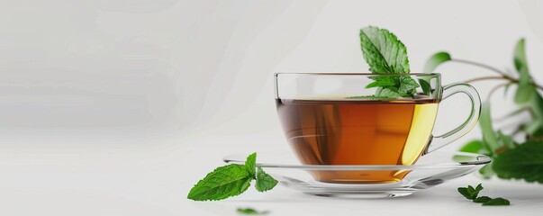 Wall Mural - Freshly brewed cup of herbal tea with mint on white background, 4K hyperrealistic photo