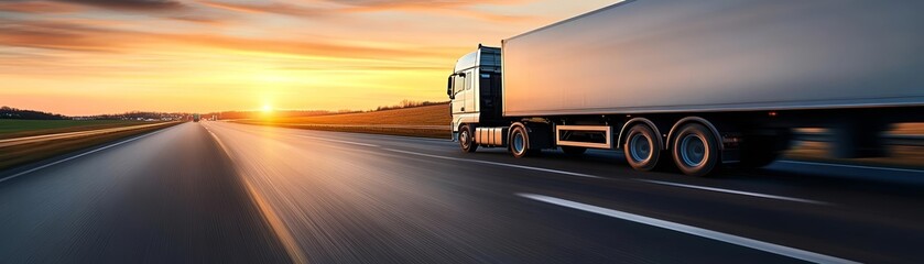 Cargo truck speeding down a highway at sunset, freight transport, logistics delivery