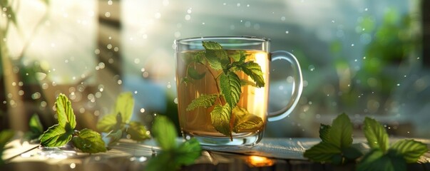 Wall Mural - Freshly brewed cup of peppermint tea, 4K hyperrealistic photo