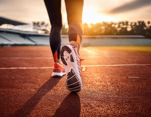 Focus on running shoe of athletic runner training in stadium at sunset