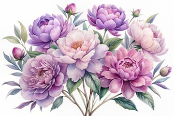 Wall Mural - Delicate, whimsical watercolor illustration of peonies in soft purple, pink, and lavender hues on a transparent background, perfect for botanical and floral designs.