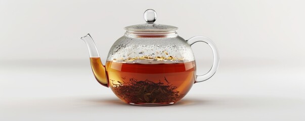 Wall Mural - Freshly brewed pot of herbal tea on white background, 4K hyperrealistic photo