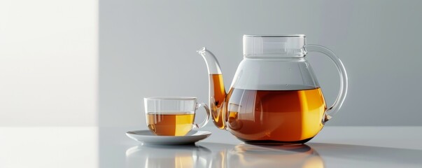 Wall Mural - Freshly brewed pot of tea with a cup on white background, 4K hyperrealistic photo