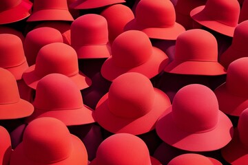 Poster - Aerial View of Bright Red Hats in Precise Symmetrical Pattern with Geometric Background Textures, Soft Natural Lighting, and Subtle Shadows