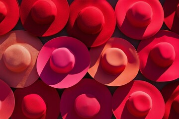 Poster - Aerial View of Bright Red Hats in Symmetrical Geometric Pattern, Enhancing Texture and Detail with Soft Natural Lighting