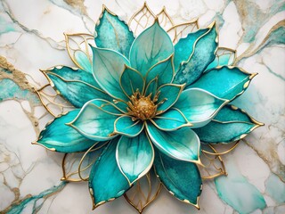 Wall Mural - Vibrant turquoise petals and blossoms unfold from intricate gold-painted lines amidst swirling abstract marbled ink liquid fluid watercolor painting textures on a pure white background.