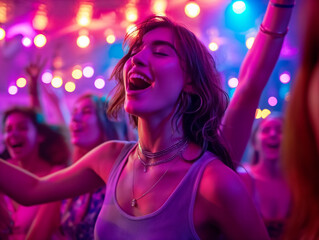 Sticker - A woman is dancing and singing at a party with other people. Scene is energetic and fun