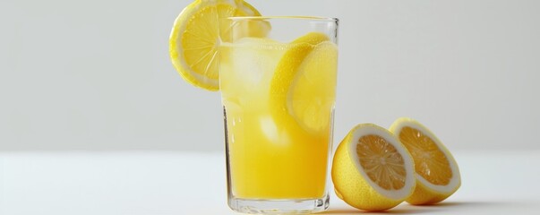 Freshly squeezed lemonade in a glass on white background, 4K hyperrealistic photo