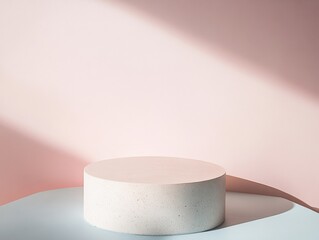 Poster - Minimalist Pastel Pink Podium on Light Blue Background with Soft Shadows in Diffused Natural Lighting - Perfect for Modern Product Showcase