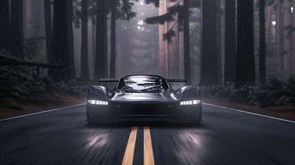 Futuristic Sport Car on a Redwood Forest Road