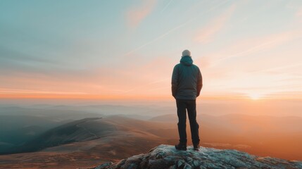 Poster - Person Standing on Mountain Peak at Sunrise in Winter Landscape