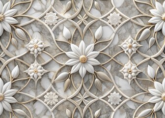 Aufkleber - Intricately patterned 3D marble texture featuring stylized white geometric floral leaves on a subtle gray background, evoking luxury and sophisticated modern design.