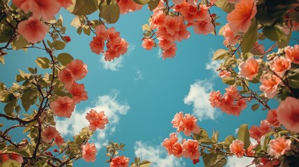 Wall Mural - a vibrant display of pink flowers against a bright blue sky in springtime