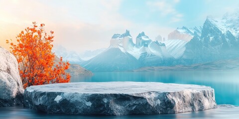 Wall Mural - Stone Platform Overlooking a Mountain Lake in Autumn