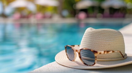 Poster - Relaxing Summer Hat and Sunglasses by Poolside on a Sunny Day