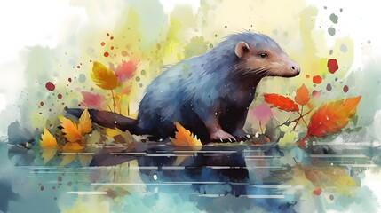 Wall Mural - Platypus In nature Watercolor Style