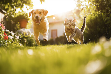 Wall Mural - A dog and a cat running joyfully through a sunlit garden, showcasing their playful friendship and energy as they enjoy a beautiful day outdoors.