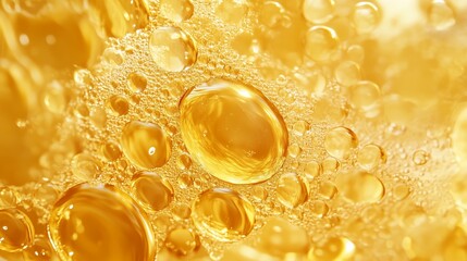 Poster - bubbles rise through golden liquid in close-up view showcasing carbonation and texture on a bright a