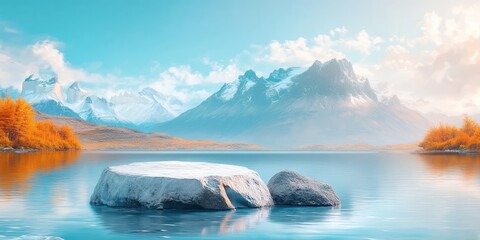 Sticker - Tranquil Mountain Lake with Two Rocks and a Blue Sky