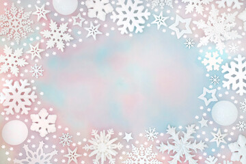 Wall Mural - Christmas festive white frosted  snowflakes, stars on sky background border with pink blue clouds. Winter fantasy magical dreamlike design for holiday season.