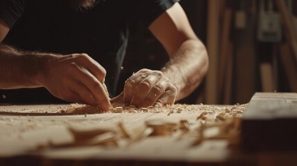 Sticker - man owner a small furniture business is preparing wood for production. carpenter male is adjust wood to the desired size. architect, designer, Built-in, professional wood, craftsman, workshop.