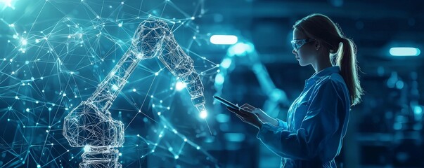Poster - Engineer operating robotic arm with digital tablet in futuristic smart factory