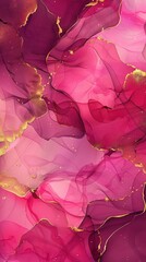 Wall Mural - Modern abstract artwork in shades of bright deep pink and coral, infused with golden accents