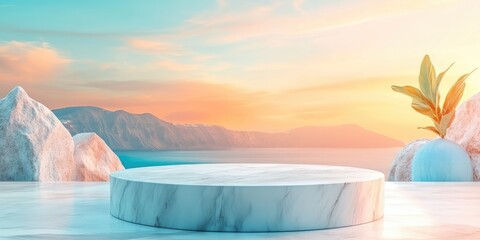 Canvas Print - Marble Platform in Front of a Mountain Range and Ocean at Sunset