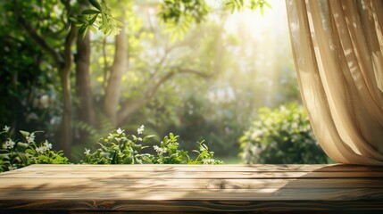 Poster - Wooden table without items, blurred curtain, green garden and sunlight for product display or design layout.