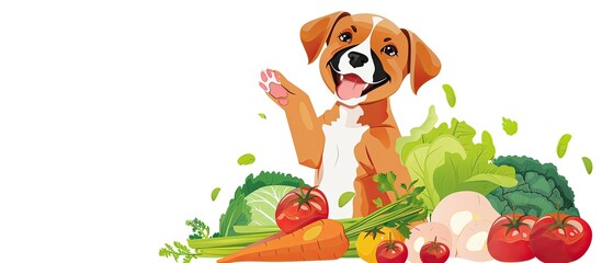 Poster - A humorous puppy with vegetables is holding a pointing stick set against a white background Room for text. with copy space image. Place for adding text or design