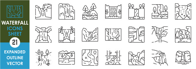 Poster - a set of line icons related to waterfall. river, spring, fall, water, fountain, mountain, cliff, nat